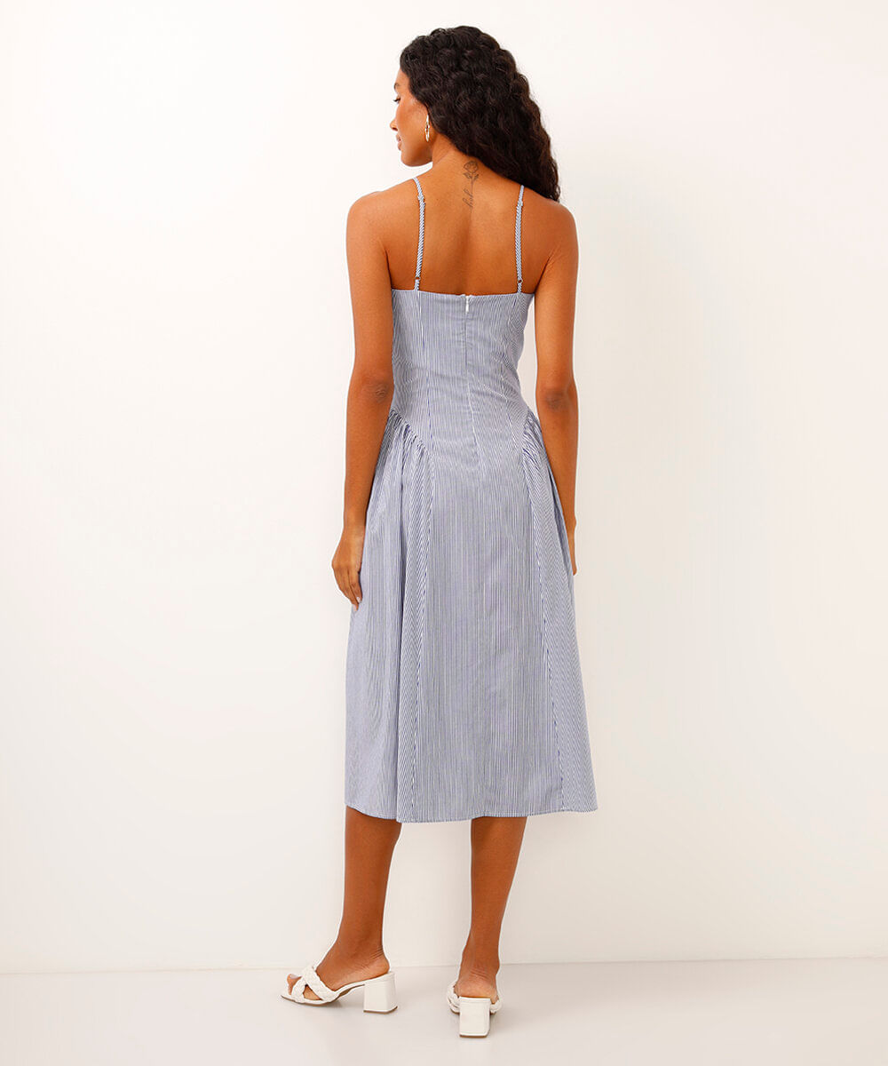 vestido midi decote v com recorte listrado off white