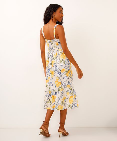 vestido midi com linho estampado limões amarelo