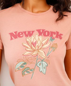 camiseta de algodão new york floral rosa