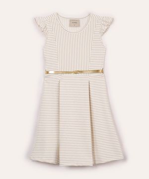 vestido infantil listrado com cinto off white