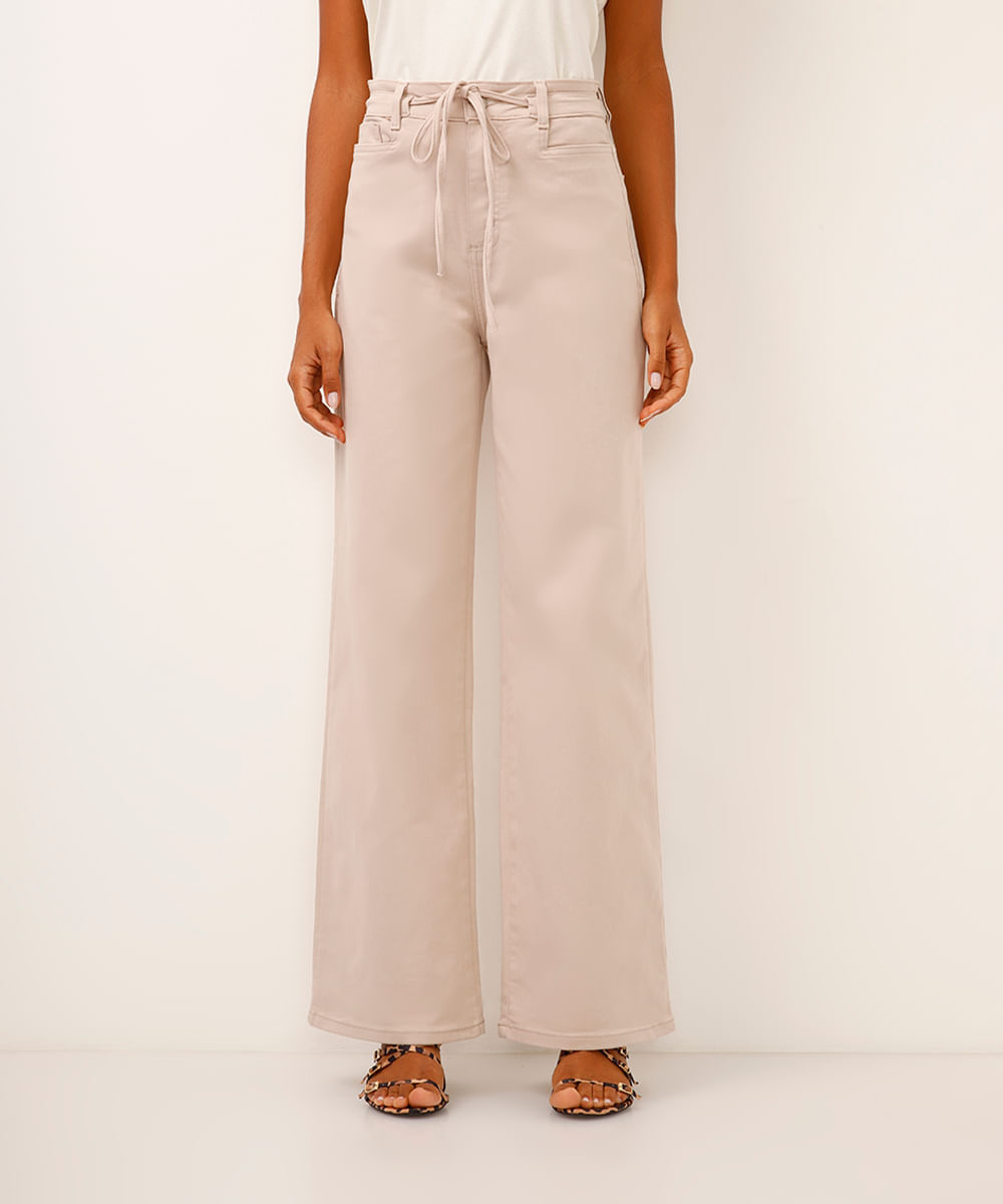 calça wide leg de sarja sawary bege