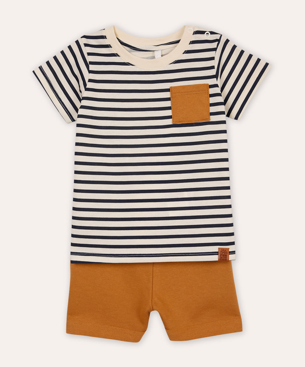 conjunto infantil curto listrado bege