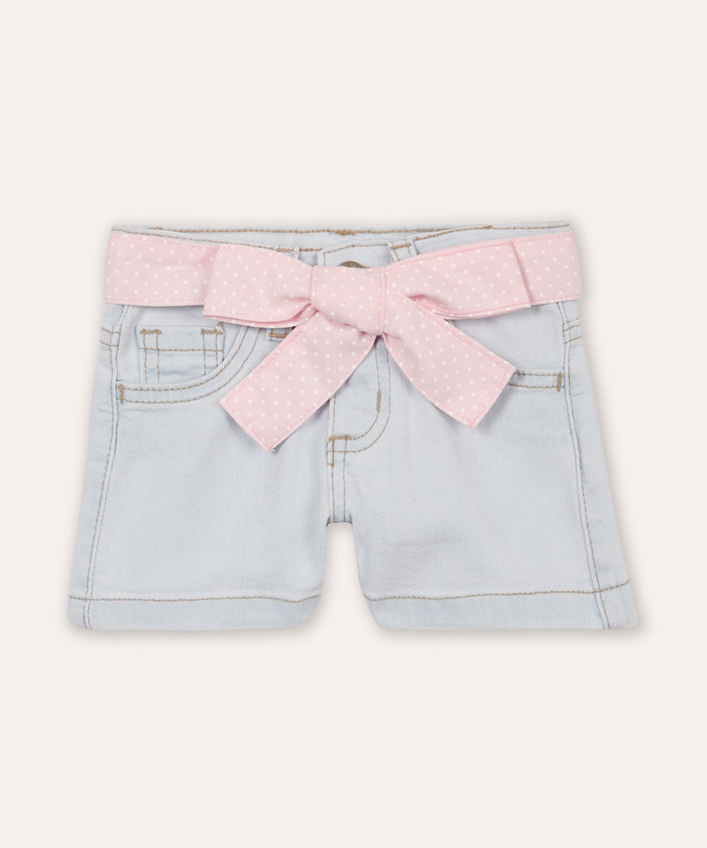 short clochard infantil jeans com faixa poá azul