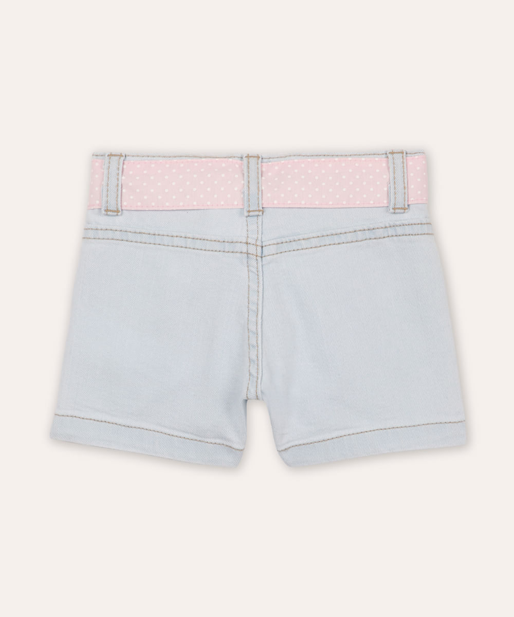 short clochard infantil jeans com faixa poá azul