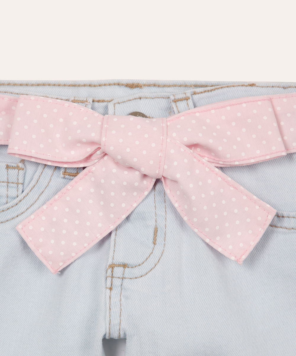 short clochard infantil jeans com faixa poá azul