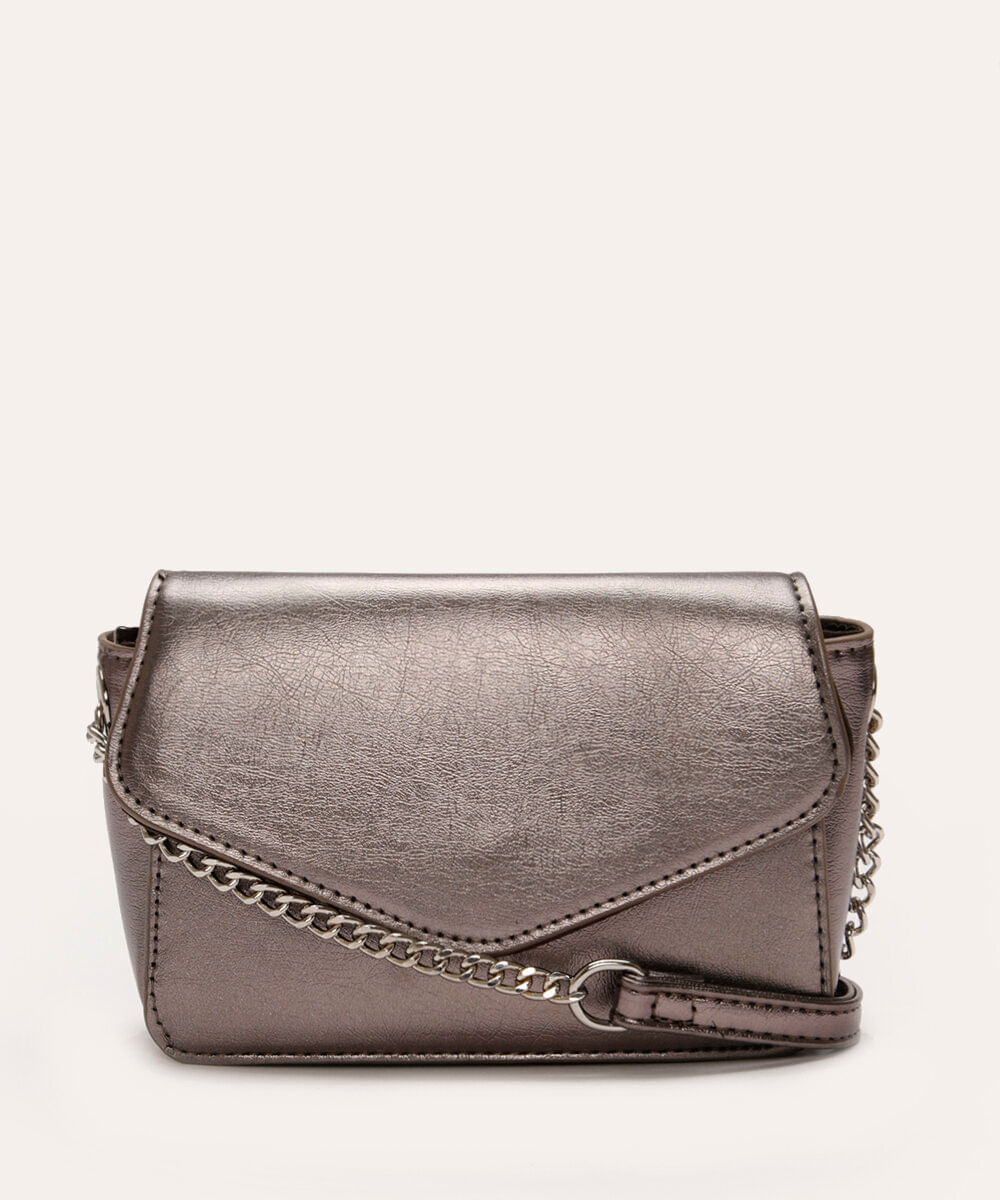 bolsa crossbody metalizada com corrente grafite