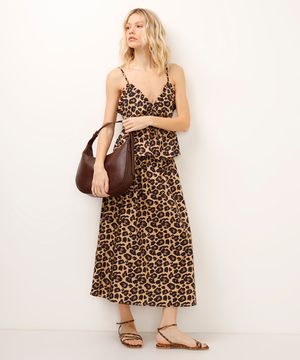 saia midi de algodão animal print bege