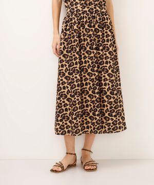 saia midi de algodão animal print bege