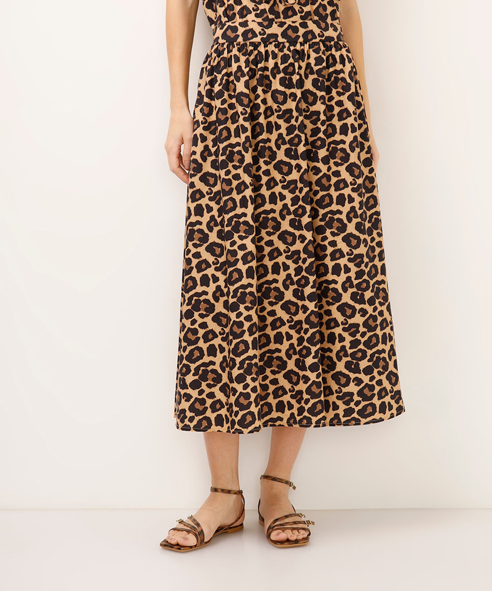 saia midi de algodão animal print bege