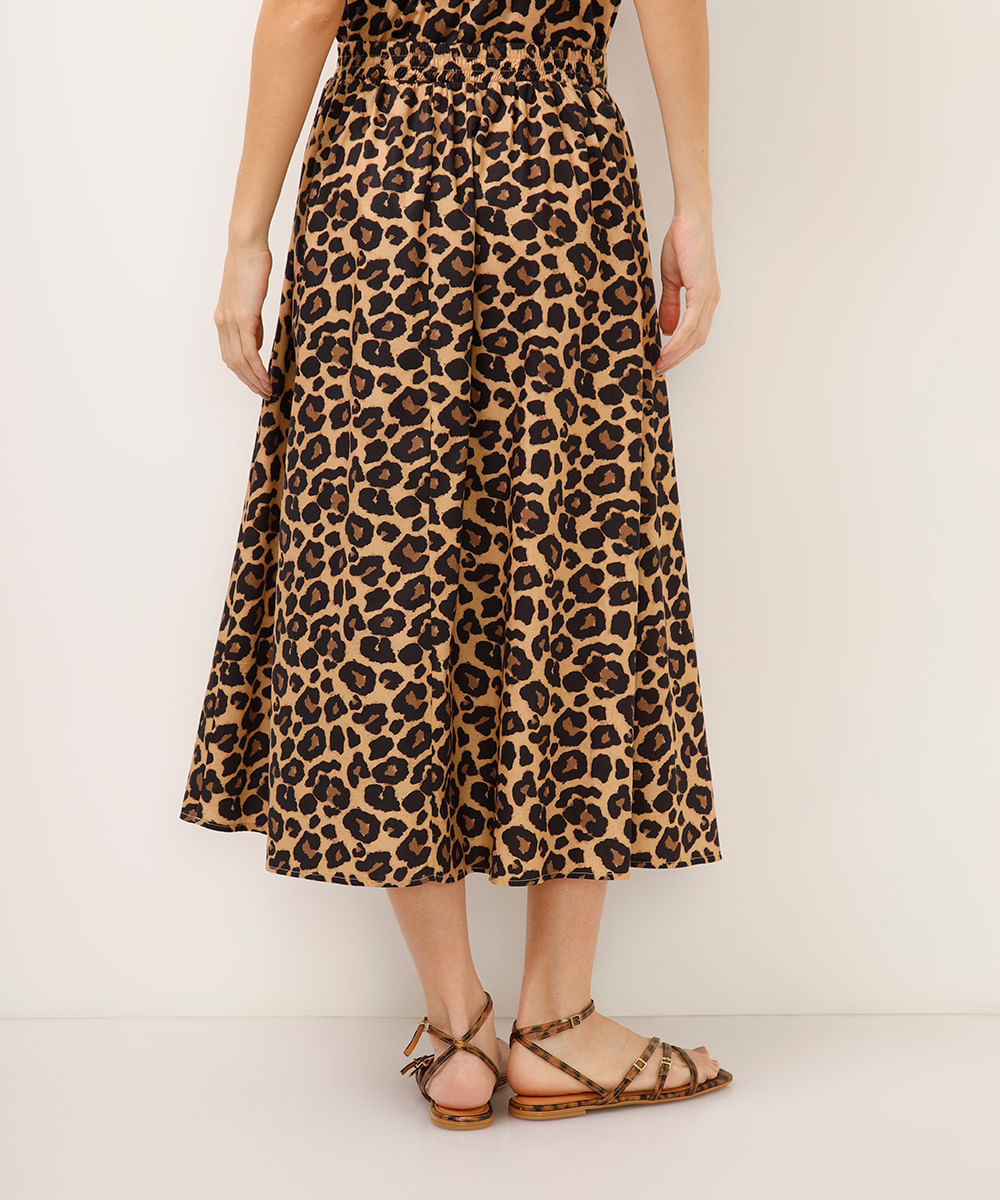 saia midi de algodão animal print bege