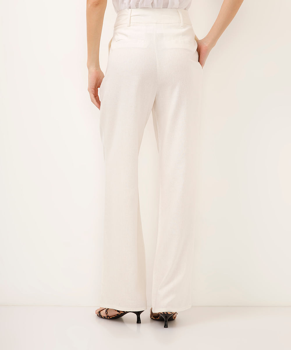 calça reta com linho cintura alta off white
