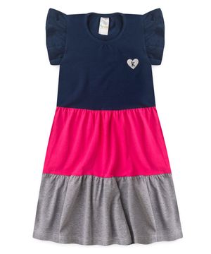 Vestido Infantil Tricolor Azul Marinho - PInk e Mescla Cinza Kappes