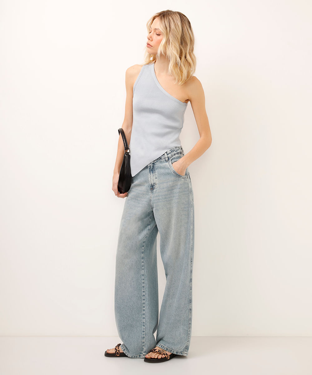 blusa de tricot ombro único assimétrica azul