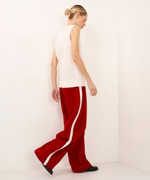 calça wide leg cós com elástico bicolor vermelha