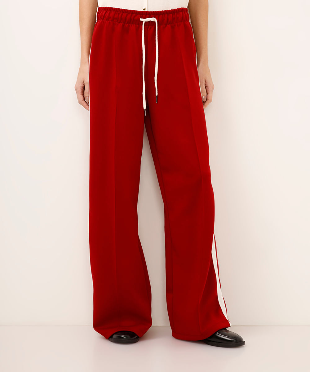 calça wide leg cós com elástico bicolor - cereja