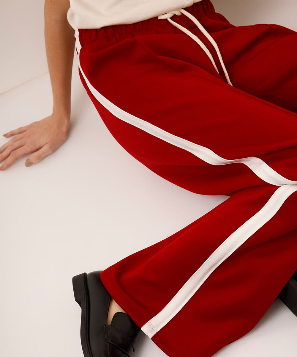 calça wide leg cós com elástico bicolor - cereja