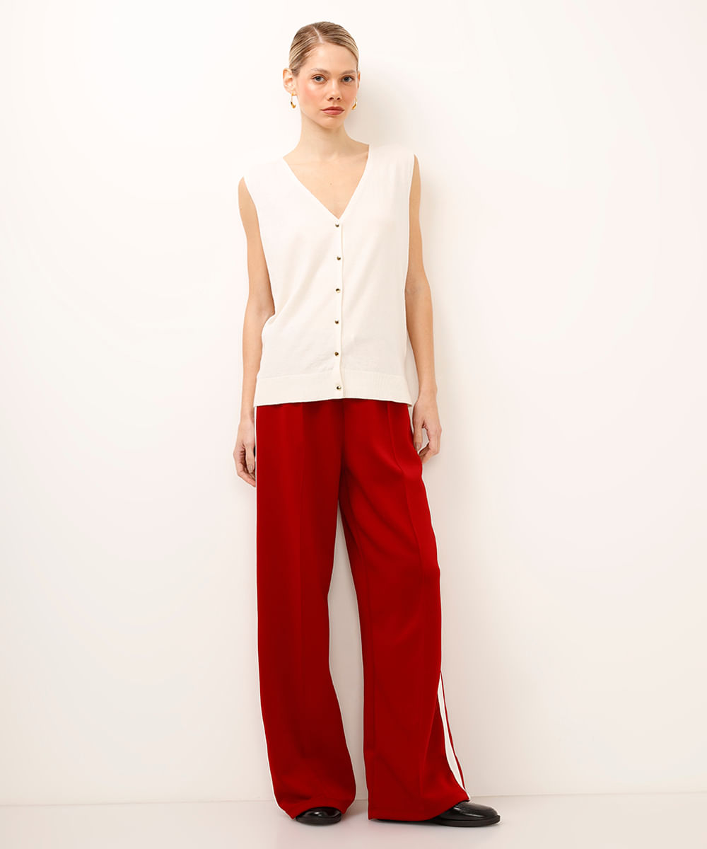 calça wide leg cós com elástico bicolor - cereja