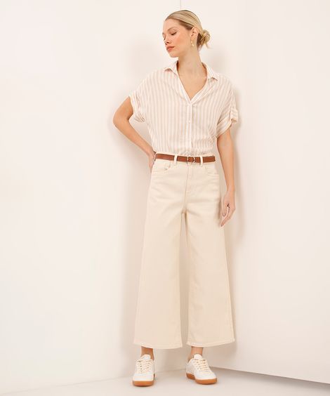 calça wide leg cropped de sarja com cinto off white