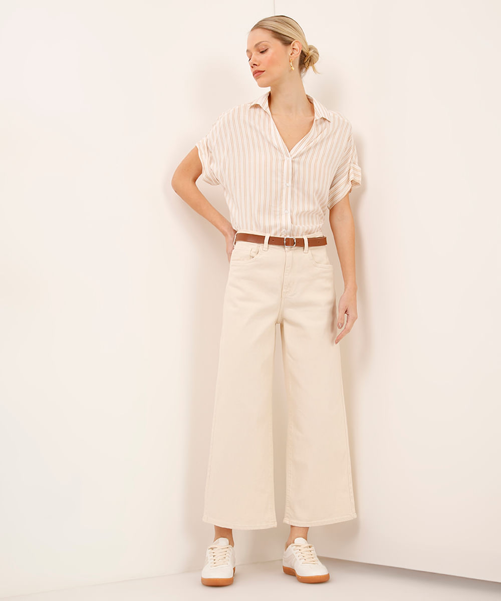 calça wide leg cropped de sarja com cinto off white