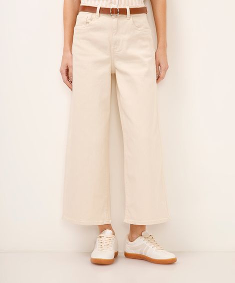 calça wide leg cropped de sarja com cinto off white