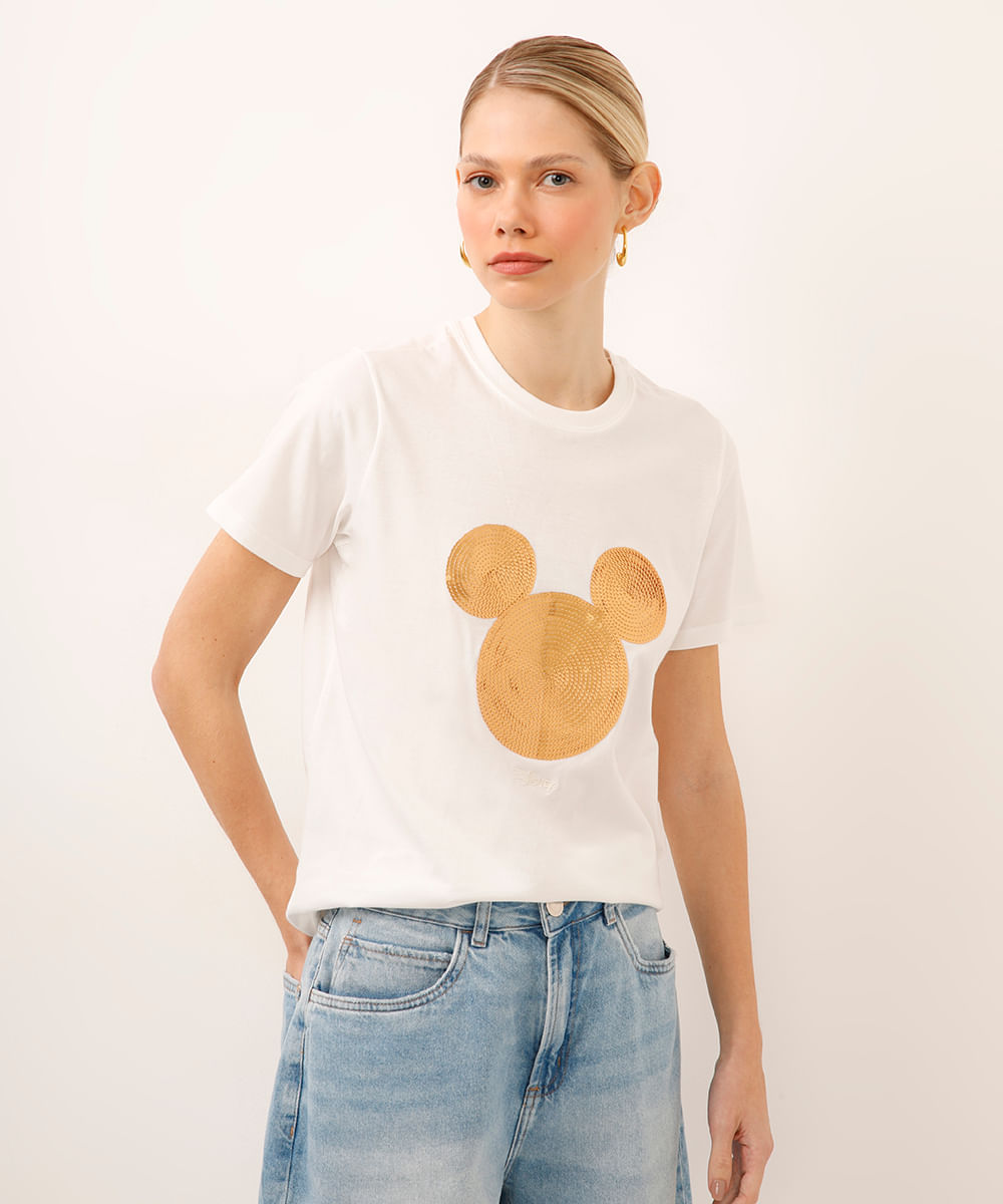 camiseta de algodão mickey com paetê off white