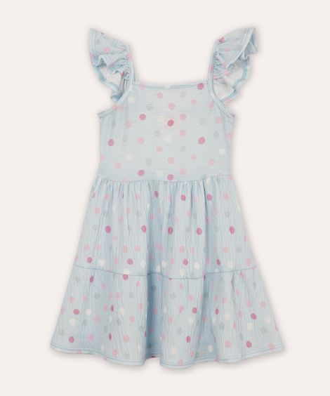 vestido infantil manga babado poá azul
