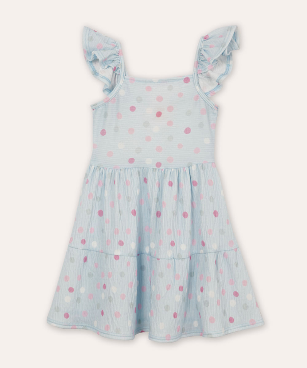 vestido infantil manga babado poá azul