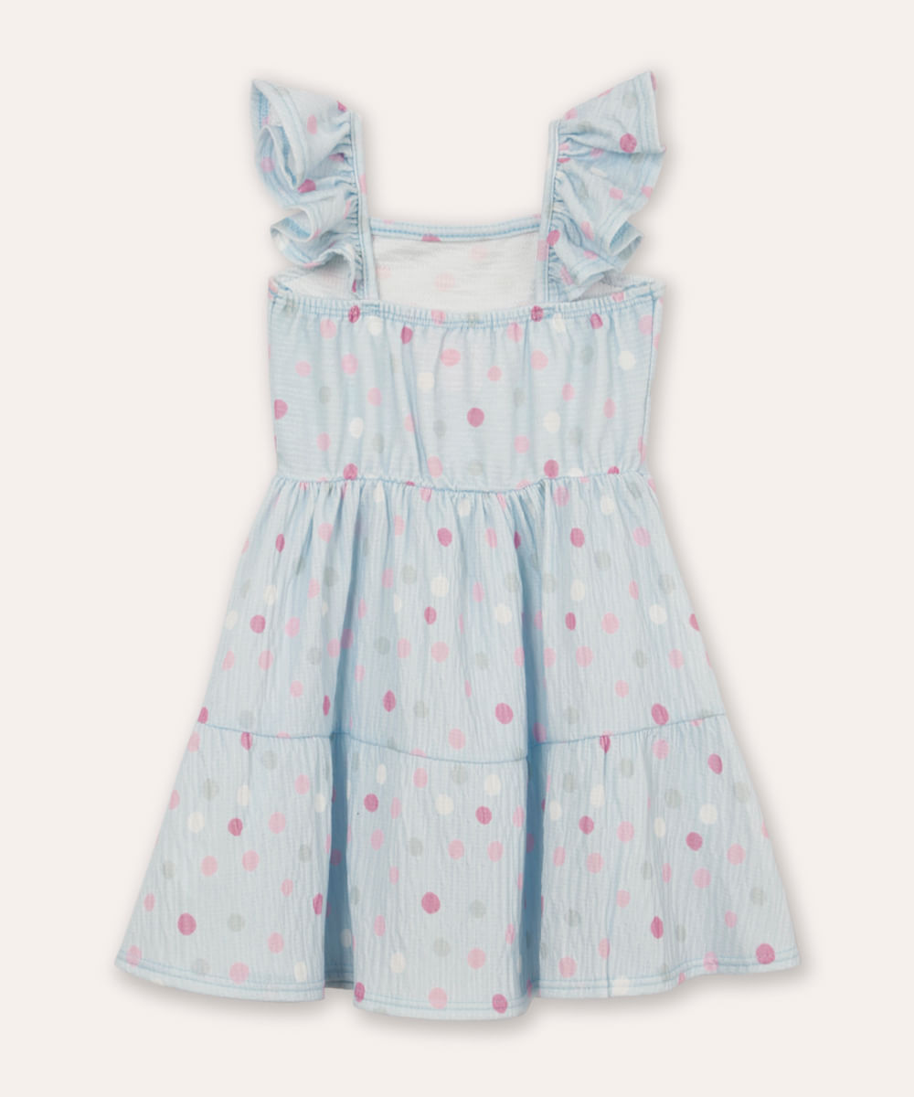 vestido infantil manga babado poá azul