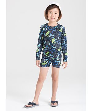 Conjunto Praia Infantil Menino Manga Longa Proteção UV Aventura dos Camuflados Molekada Azul