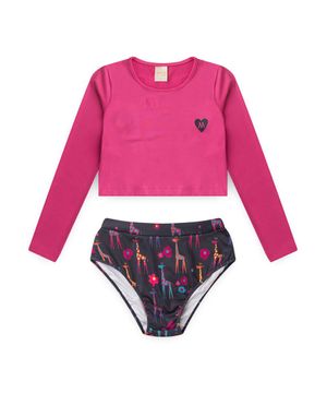 Conjunto Biquíni Infantil Menina Manga Longa Proteção UV Girafinhas Molekada Rosa