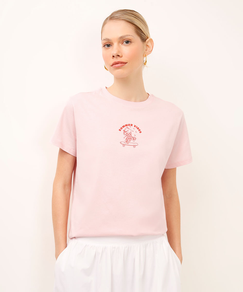 camiseta de algodão summer vibes rosa
