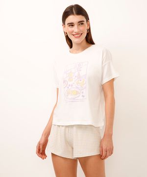 pijama short doll de algodão estampado off white