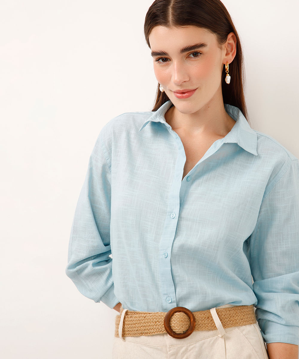 camisa de algodão manga longa azul