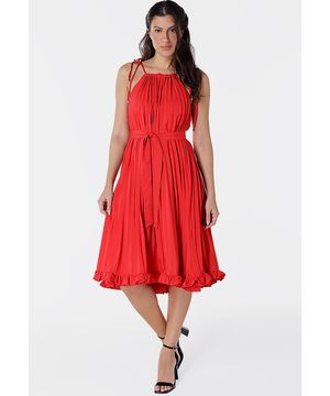 Vestido Midi de Festa Plissado Vermelho Sob