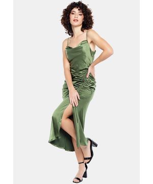 Vestido Midi Cetim Toque de Seda Drapeado Verde Sob