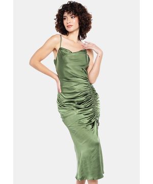 Vestido Midi Cetim Toque de Seda Drapeado Verde Sob