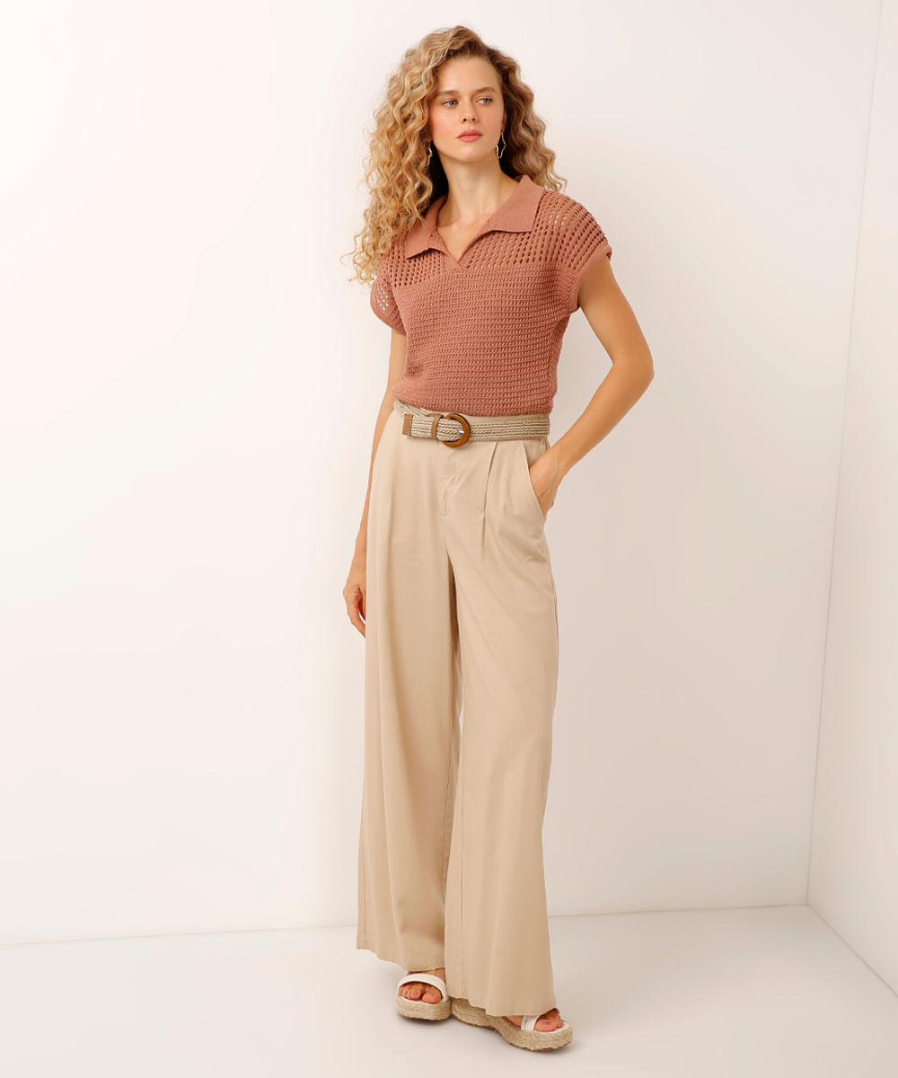 polo de tricot manga curta bege