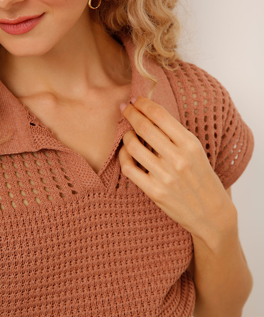 polo de tricot manga curta bege