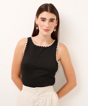 cropped de tricot com bordado preta