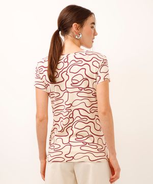 blusa de viscose abstrata manga curta bege