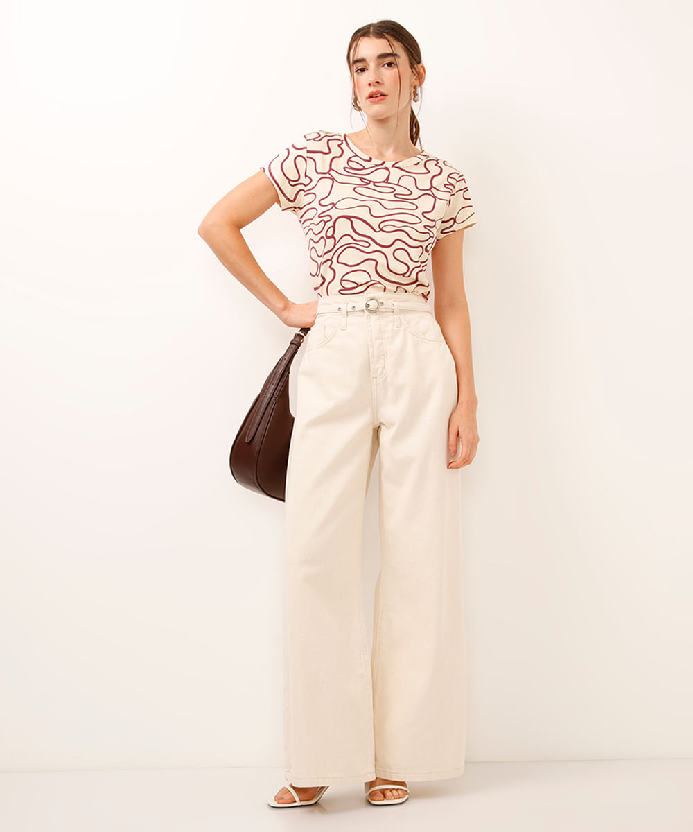 blusa de viscose abstrata manga curta bege