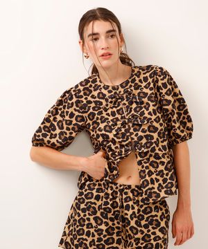 blusa manga bufante animal print bege