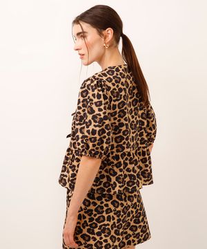 blusa manga bufante animal print bege