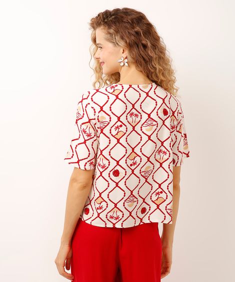 blusa de viscose decote v folhagens colorida