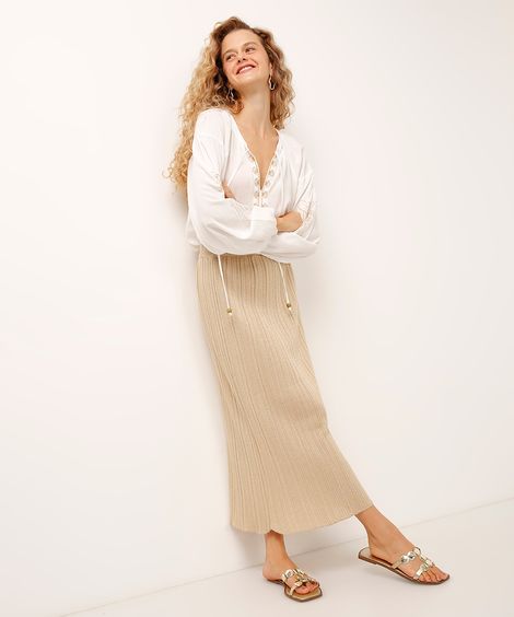 saia midi de tricot canelado com lurex dourada