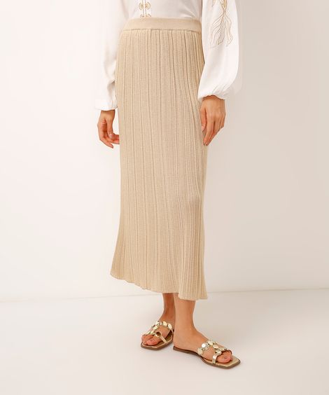 saia midi de tricot canelado com lurex dourada