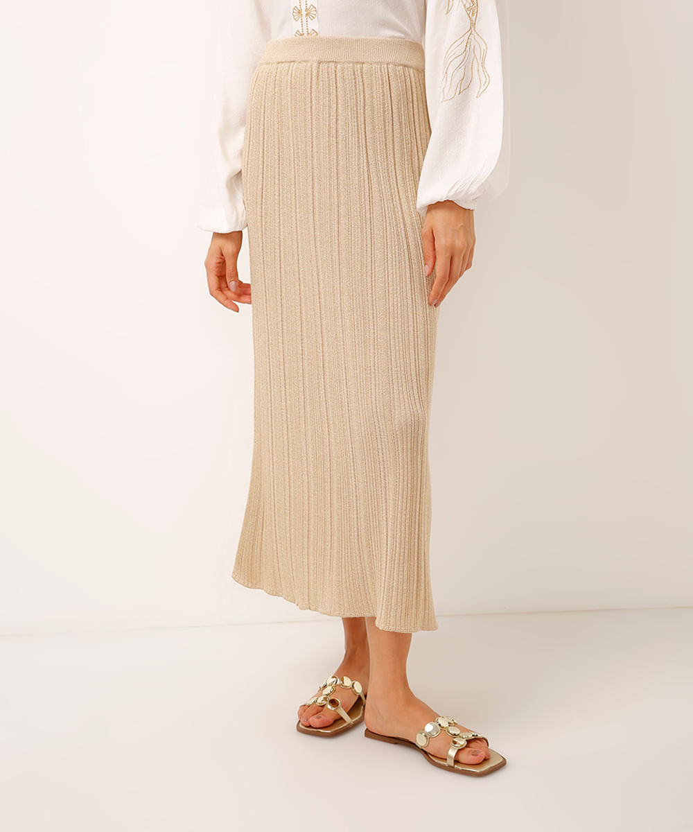 saia midi de tricot canelado com lurex dourada