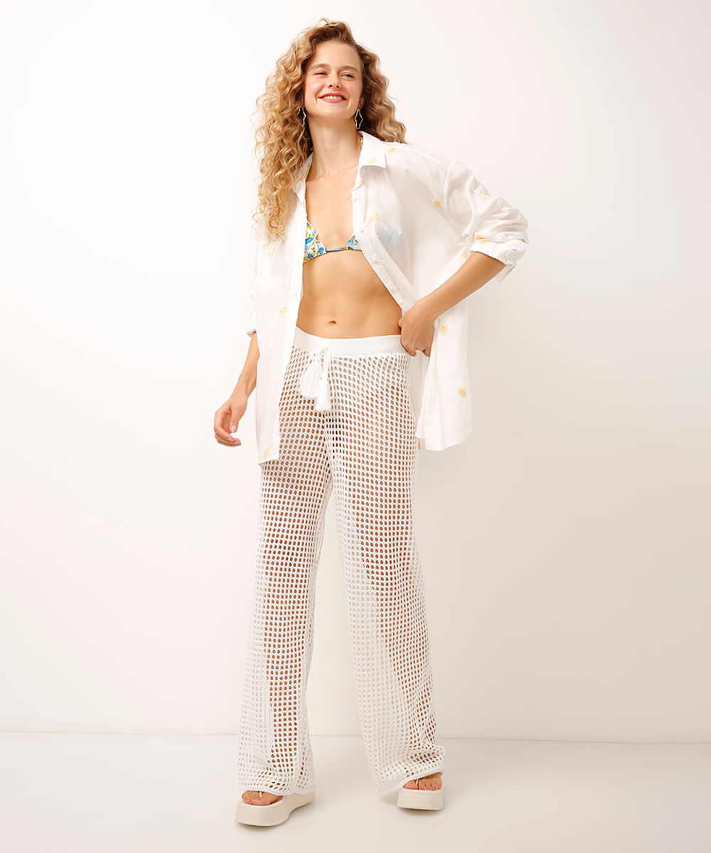 camisa saída de praia com bordados off white