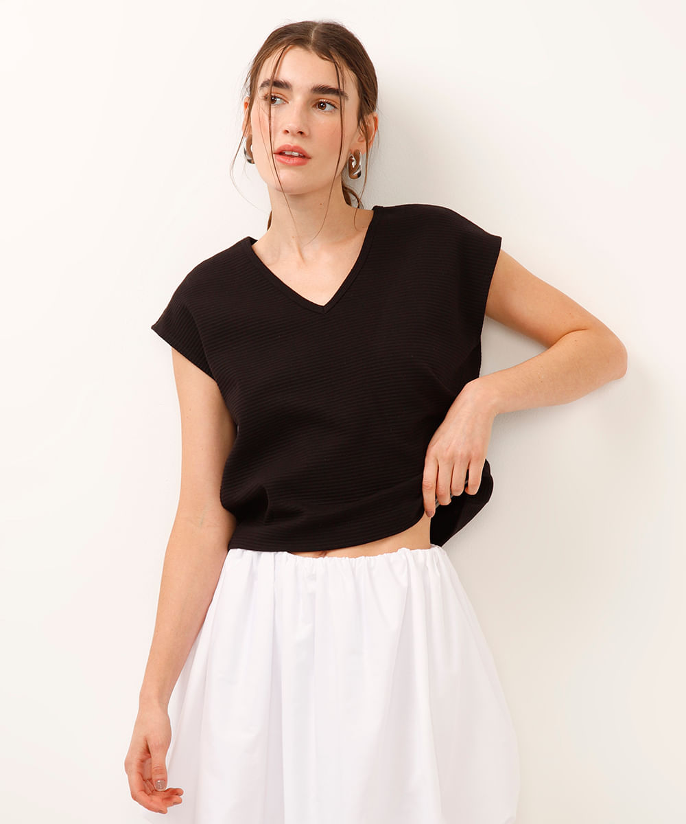 regata de algodão canelada preta