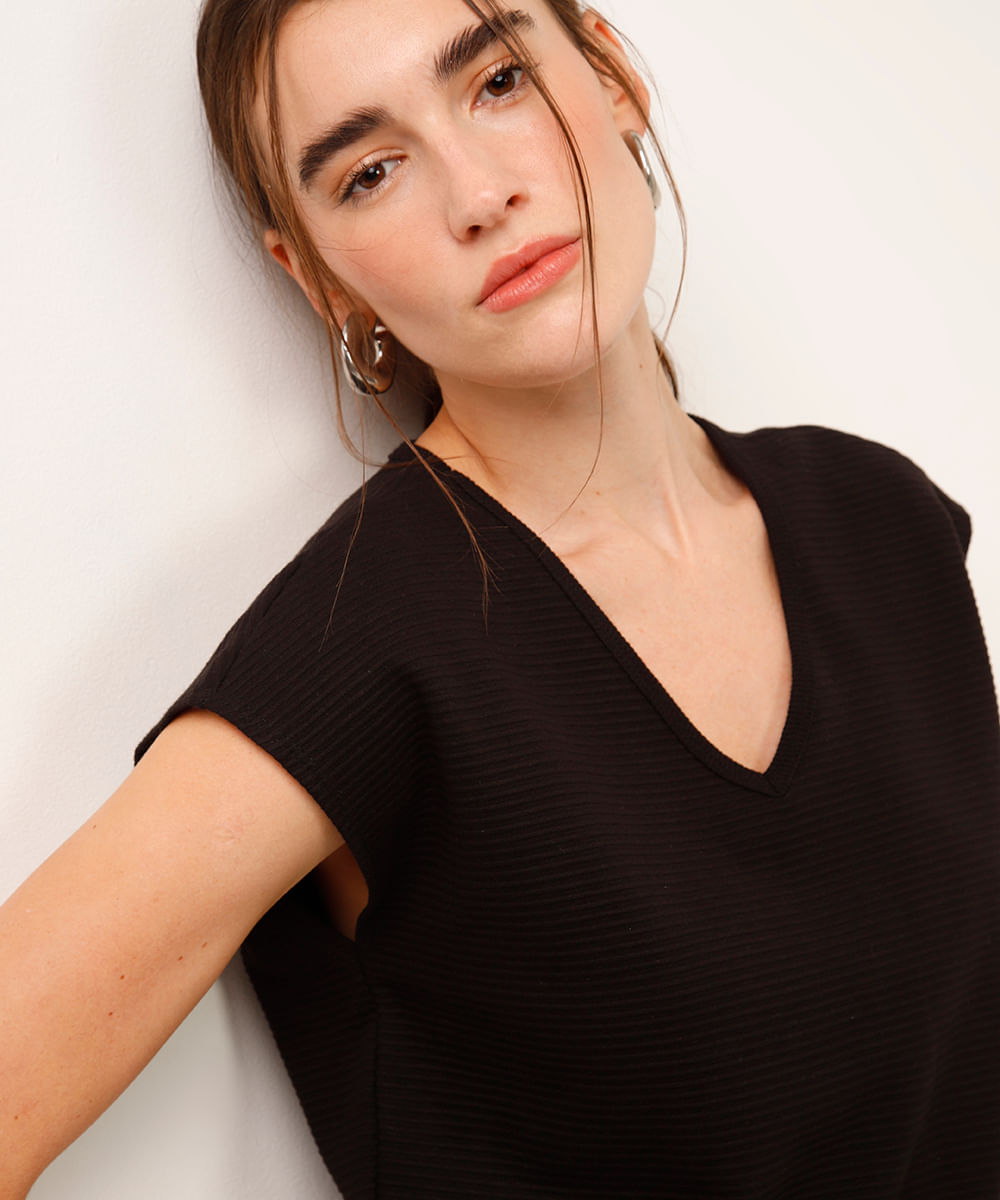 regata de algodão canelada preta